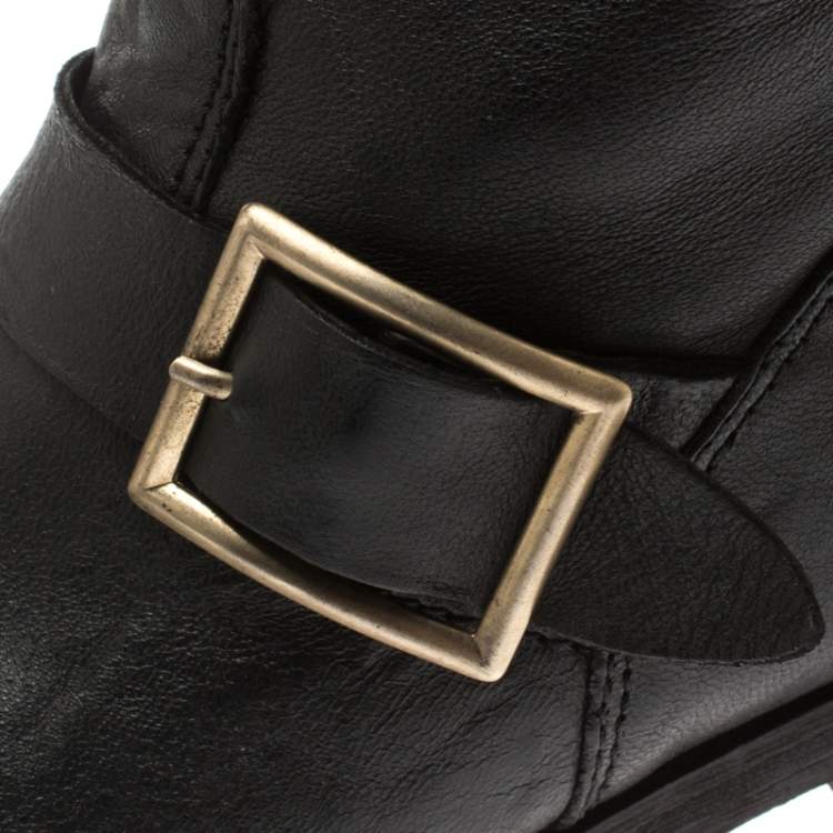 Pre Owned Jimmy Choo Black Leather Youth Biker Mid Calf Boots Size 37.5