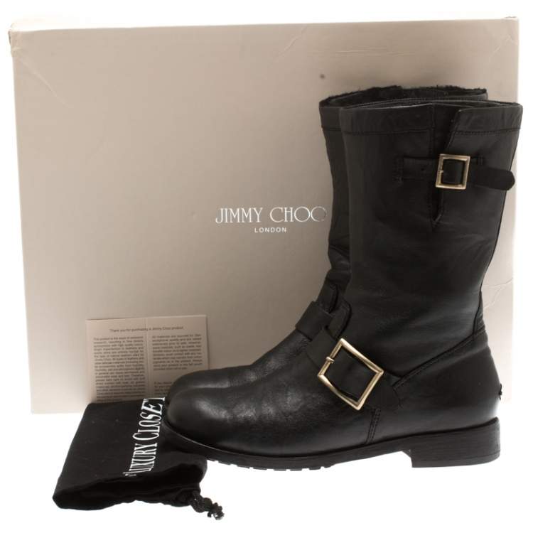 Pre Owned Jimmy Choo Black Leather Youth Biker Mid Calf Boots Size 37.5