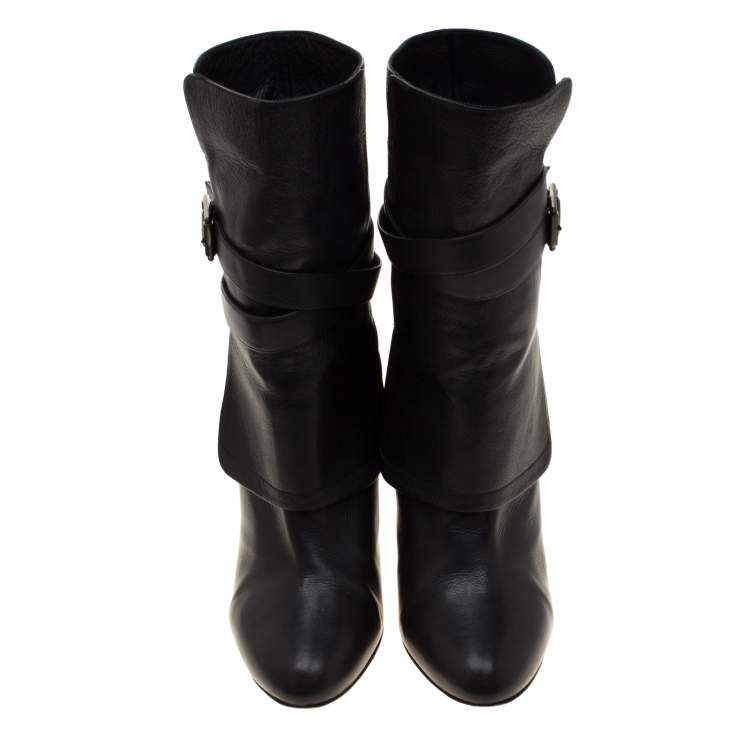 مملوكة مسبقًا Jimmy Choo Black Leather Blaine Buckle Detail Mid Calf Boots 39.5