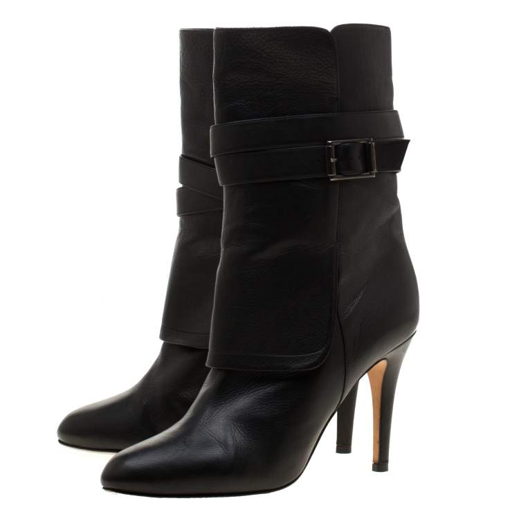 مملوكة مسبقًا Jimmy Choo Black Leather Blaine Buckle Detail Mid Calf Boots 39.5