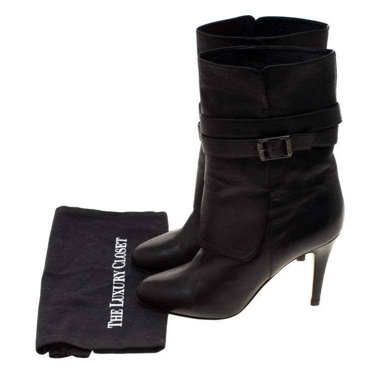 مملوكة مسبقًا Jimmy Choo Black Leather Blaine Buckle Detail Mid Calf Boots 39.5