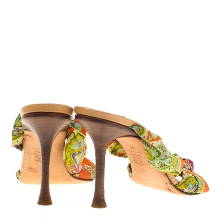 Pre Owned Jimmy Choo Multicolor Fabric Knot Slide Sandals Size 37