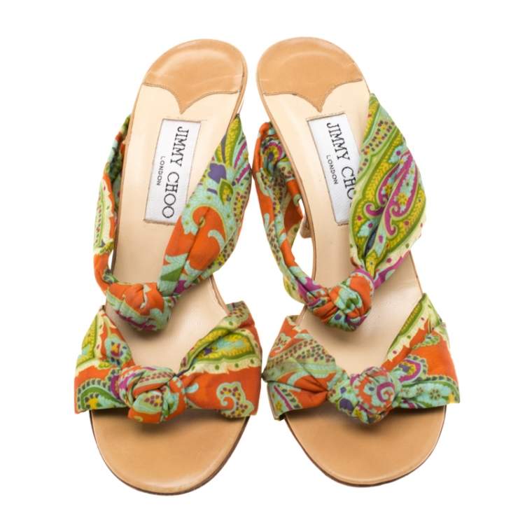 Pre Owned Jimmy Choo Multicolor Fabric Knot Slide Sandals Size 37