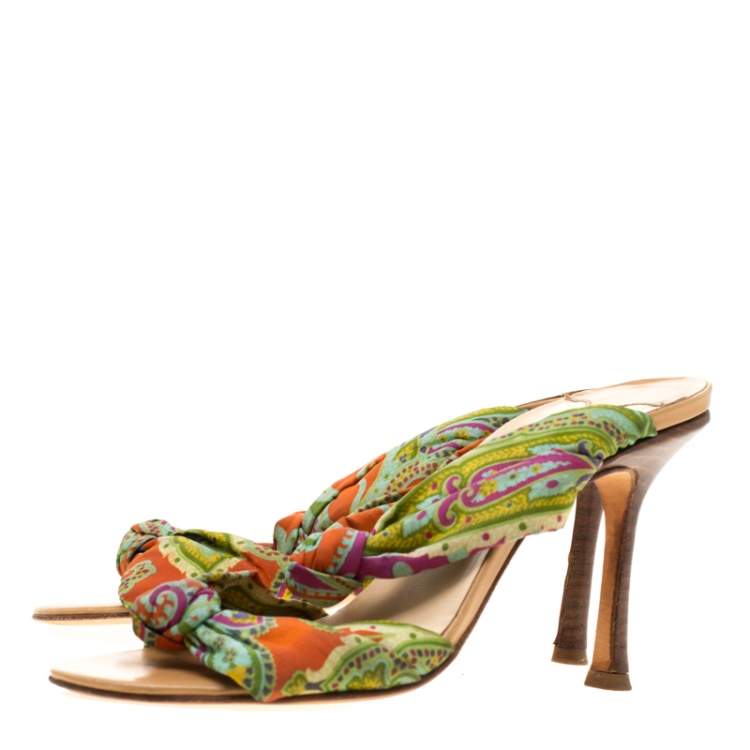 Pre Owned Jimmy Choo Multicolor Fabric Knot Slide Sandals Size 37