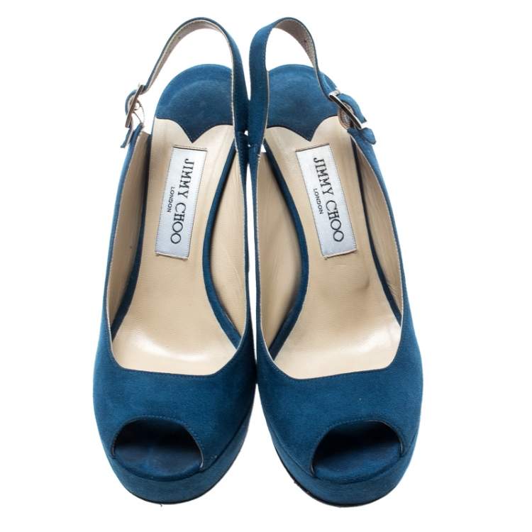 Pre Owned Jimmy Choo Blue Suede Lexy Platform Slingback Sandals Size 37.5