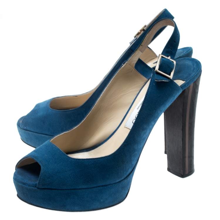 Pre Owned Jimmy Choo Blue Suede Lexy Platform Slingback Sandals Size 37.5