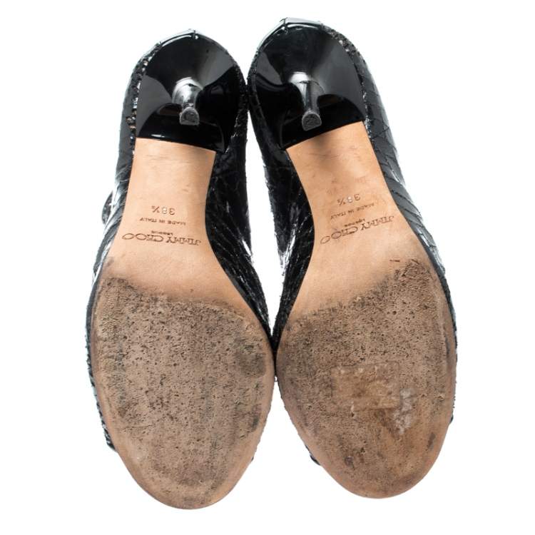 مملوكة مسبقًا Jimmy Choo Black Snake Embossed Skin Fantasy Peep Toe Ankle Boots Size 38.5