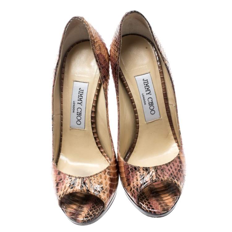 Pre Owned Jimmy Choo Two Tone Python Leather Proud Peep Toe Platform Pumps Size 35.5