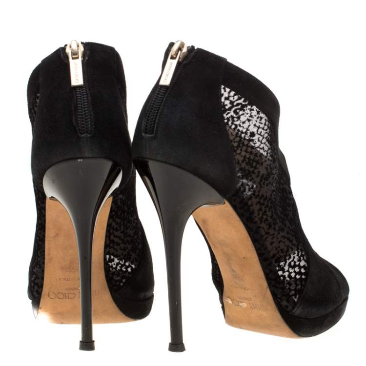 Pre Owned Jimmy Choo Black Mesh/Suede Ultra Peep Toe Ankle Booties Size 39.5