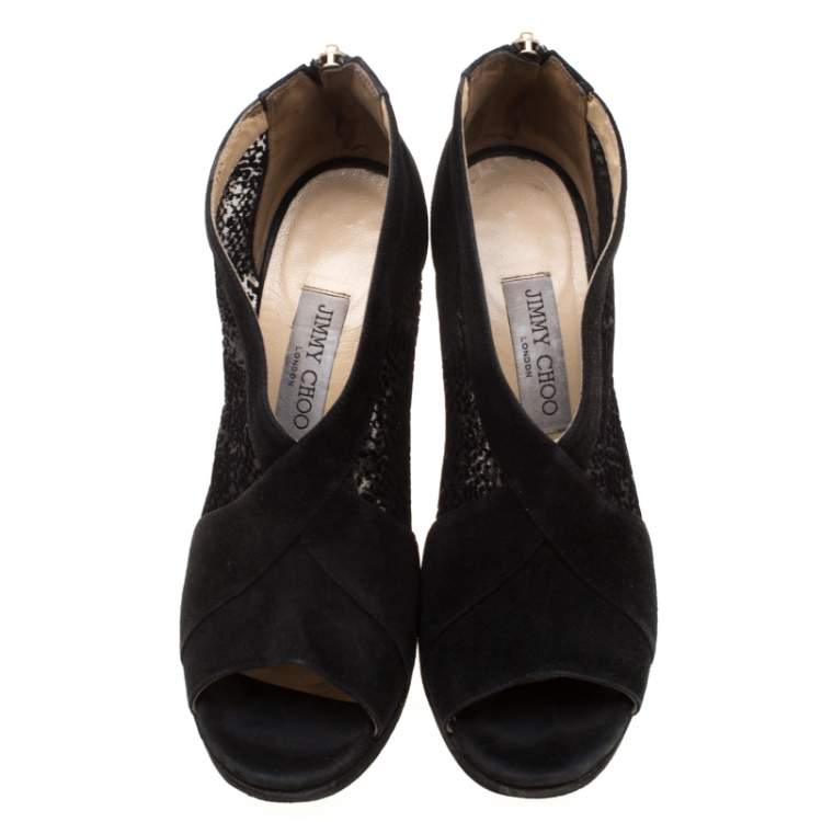 Pre Owned Jimmy Choo Black Mesh/Suede Ultra Peep Toe Ankle Booties Size 39.5