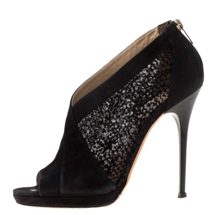 Pre Owned Jimmy Choo Black Mesh/Suede Ultra Peep Toe Ankle Booties Size 39.5