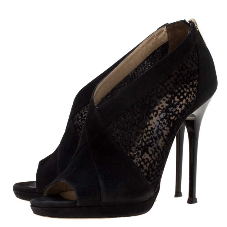 Pre Owned Jimmy Choo Black Mesh/Suede Ultra Peep Toe Ankle Booties Size 39.5