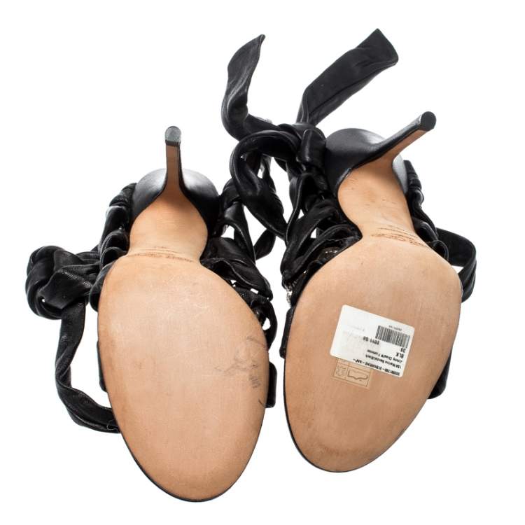 Pre Owned Jimmy Choo Black Leather Marine Crystal Embellished Tie Up Sandals Size 39