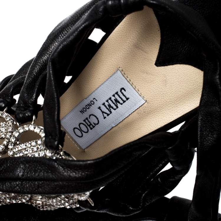 Pre Owned Jimmy Choo Black Leather Marine Crystal Embellished Tie Up Sandals Size 39