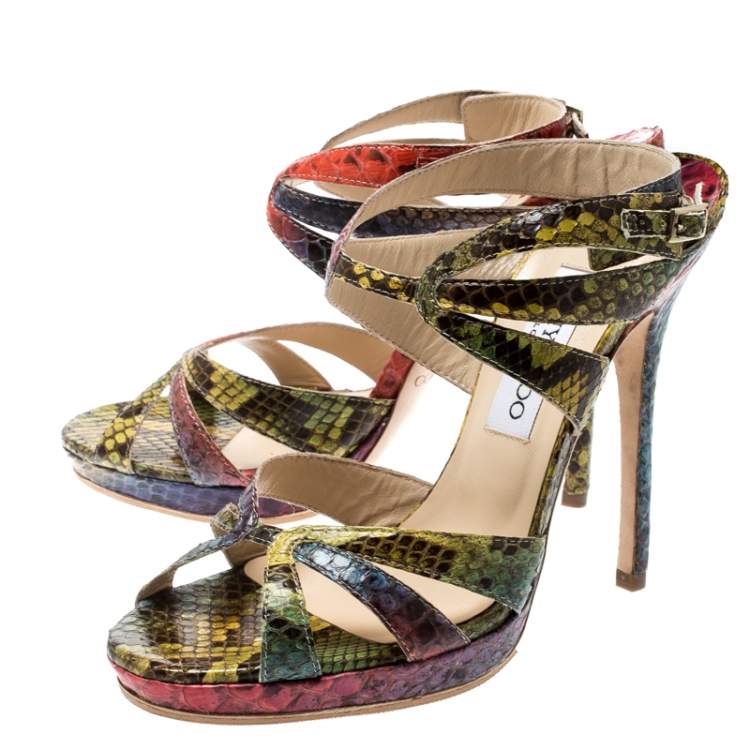 Pre Owned Jimmy Choo Multicolor Python Ankle Straps Open Toe Sandals Size 39