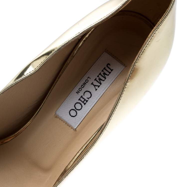 Pre Owned Jimmy Choo Metallic Gold Foil Leather Peep Toe Platform Pumps Size 39.5