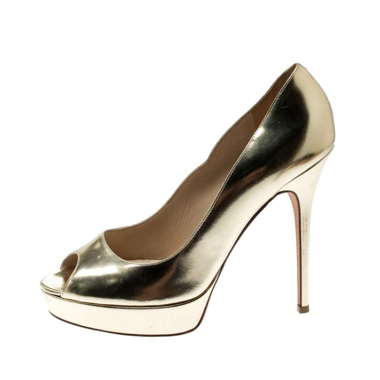 Pre Owned Jimmy Choo Metallic Gold Foil Leather Peep Toe Platform Pumps Size 39.5