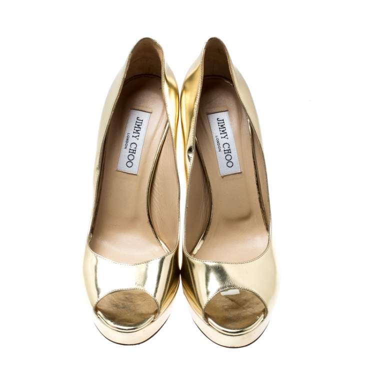 Pre Owned Jimmy Choo Metallic Gold Foil Leather Peep Toe Platform Pumps Size 39.5