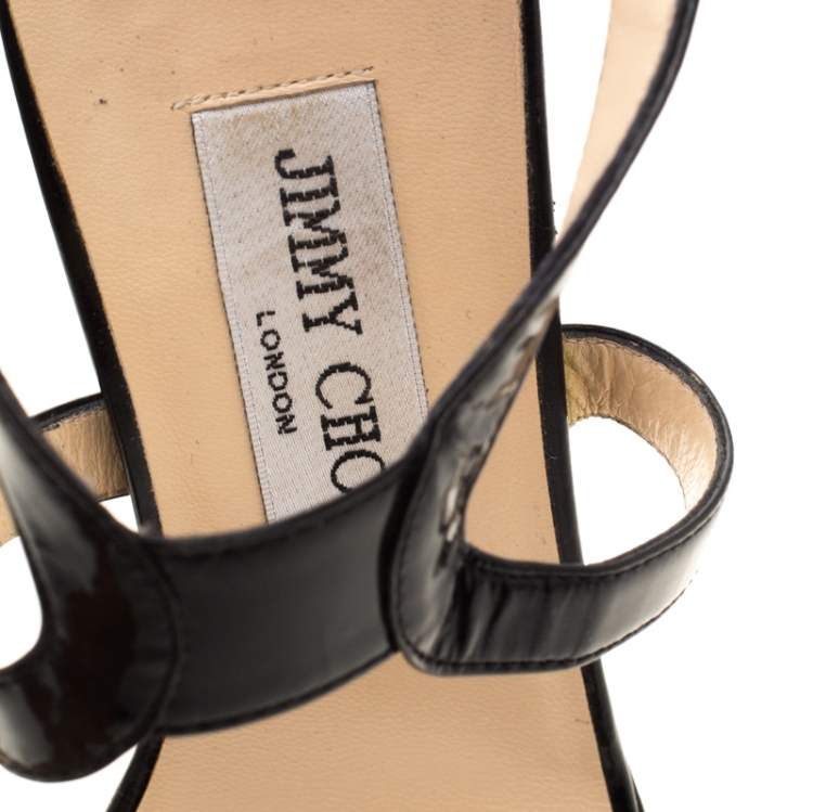 Pre Owned Jimmy Choo Black Patent Leather Open Toe Sandals Size 38.5