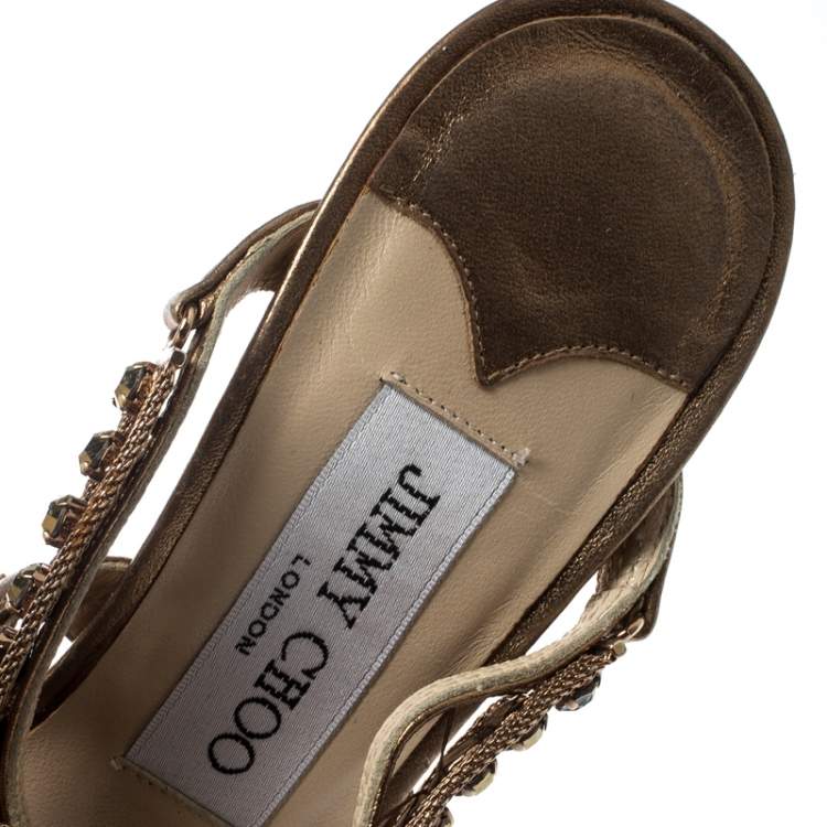 Pre Owned Jimmy Choo Gold Metallic Leather And Jewel Embellished Strappy Sandals Size 35