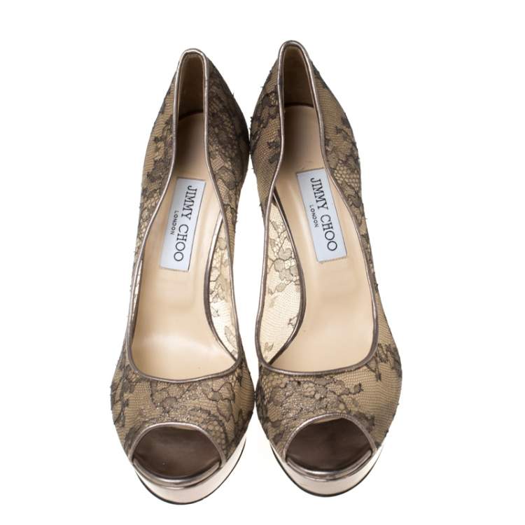 Pre Owned Jimmy Choo Metallic Bronze Lace Dahlia Peep Toe Pumps Size 40