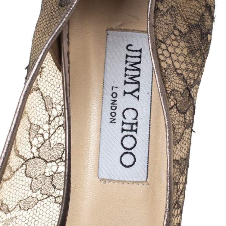 Pre Owned Jimmy Choo Metallic Bronze Lace Dahlia Peep Toe Pumps Size 40