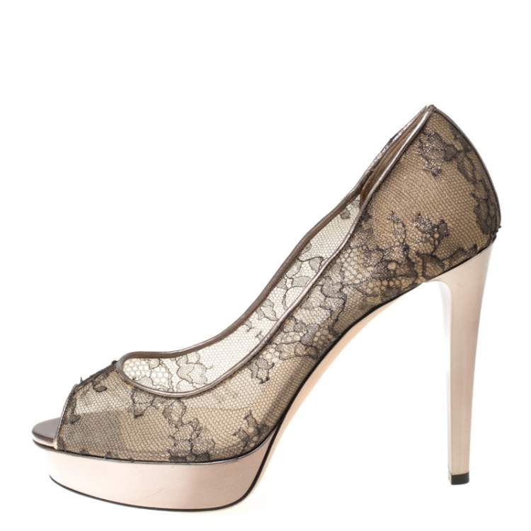 Pre Owned Jimmy Choo Metallic Bronze Lace Dahlia Peep Toe Pumps Size 40