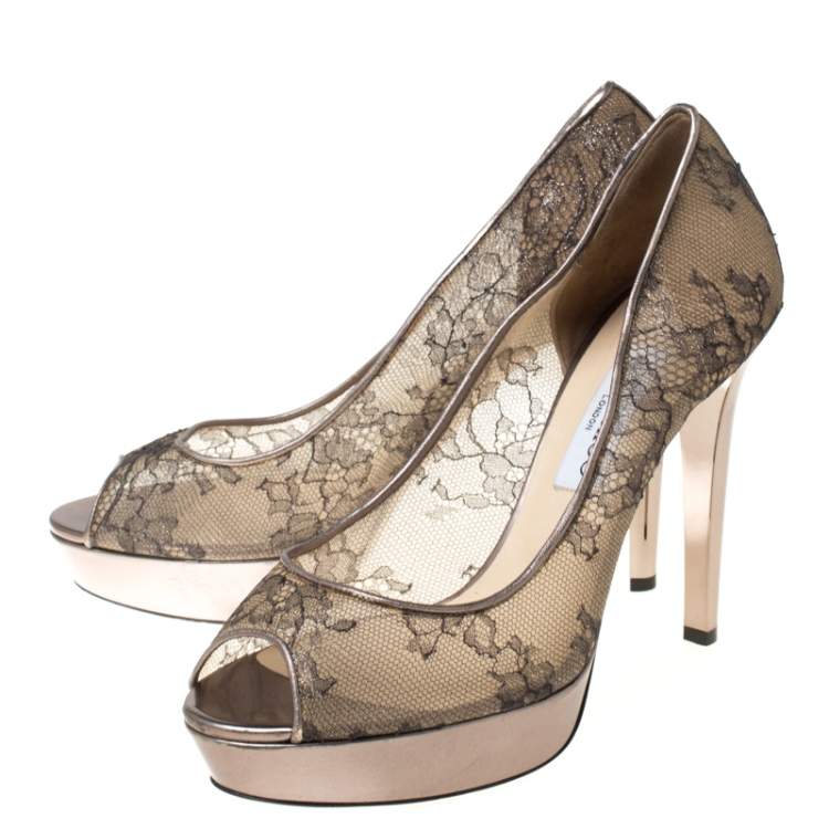 Pre Owned Jimmy Choo Metallic Bronze Lace Dahlia Peep Toe Pumps Size 40