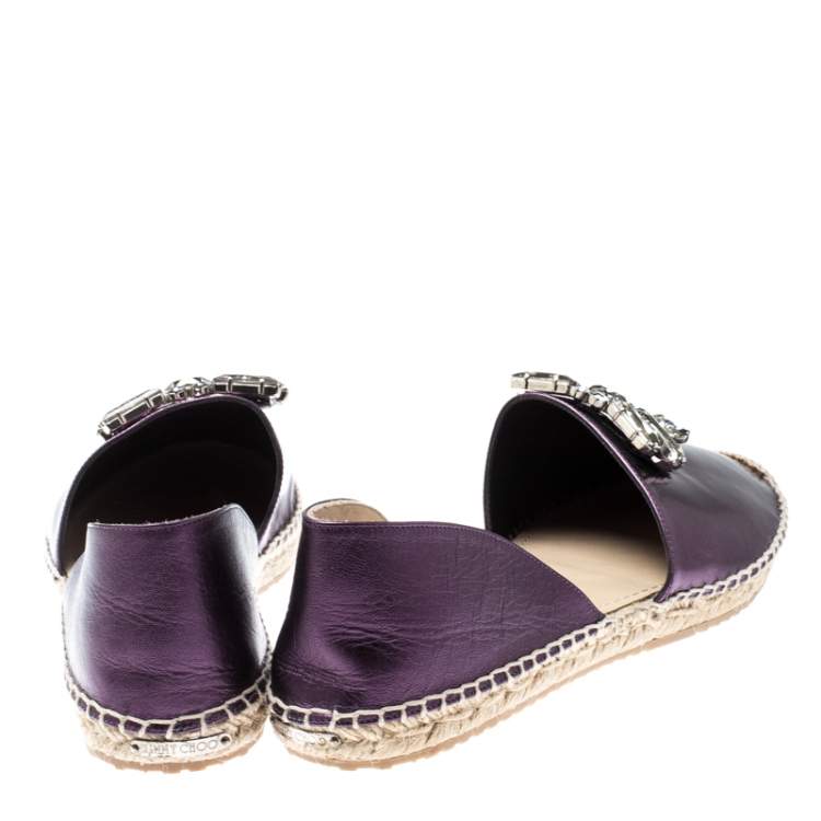 Pre Owned Jimmy Choo Metallic Purple Leather Crystal Embellished D'orsay Espadrille Flats Size 40