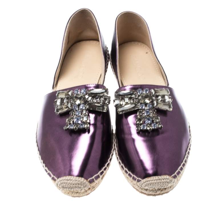 Pre Owned Jimmy Choo Metallic Purple Leather Crystal Embellished D'orsay Espadrille Flats Size 40