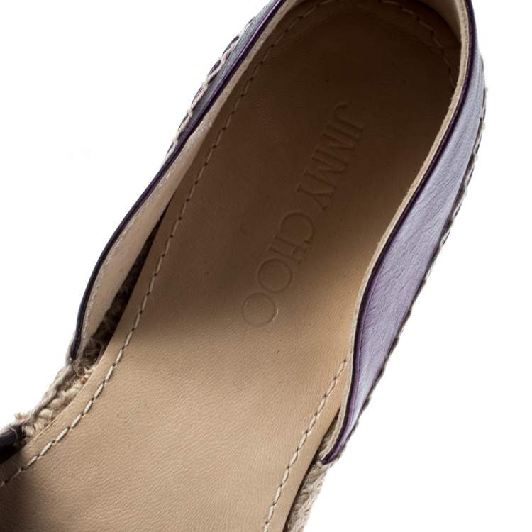 Pre Owned Jimmy Choo Metallic Purple Leather Crystal Embellished D'orsay Espadrille Flats Size 40