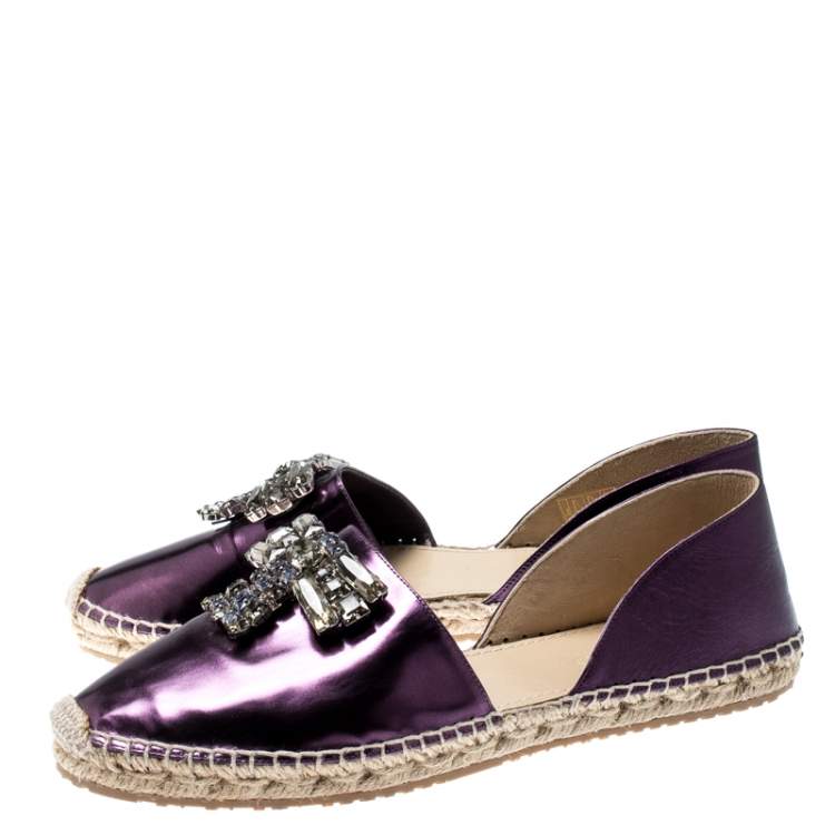 Pre Owned Jimmy Choo Metallic Purple Leather Crystal Embellished D'orsay Espadrille Flats Size 40