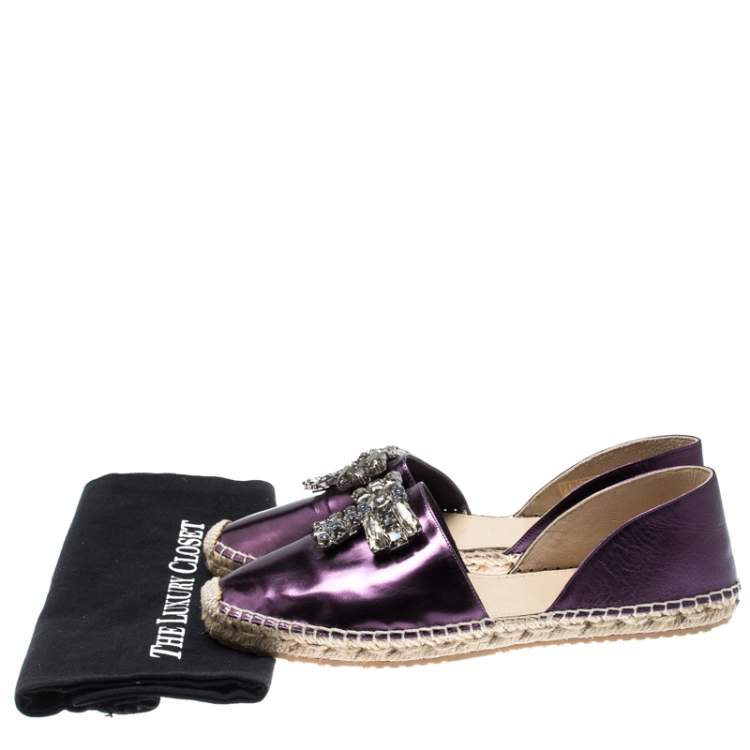 Pre Owned Jimmy Choo Metallic Purple Leather Crystal Embellished D'orsay Espadrille Flats Size 40