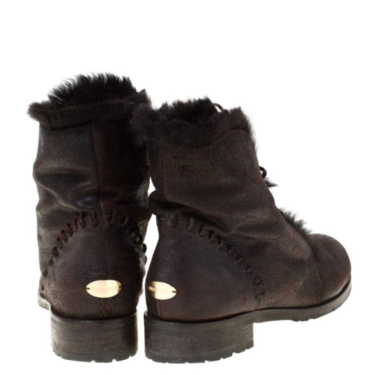 Pre Owned Jimmy Choo Dark Brown Leather and Fur Lace Ankle Boots Size 38.5