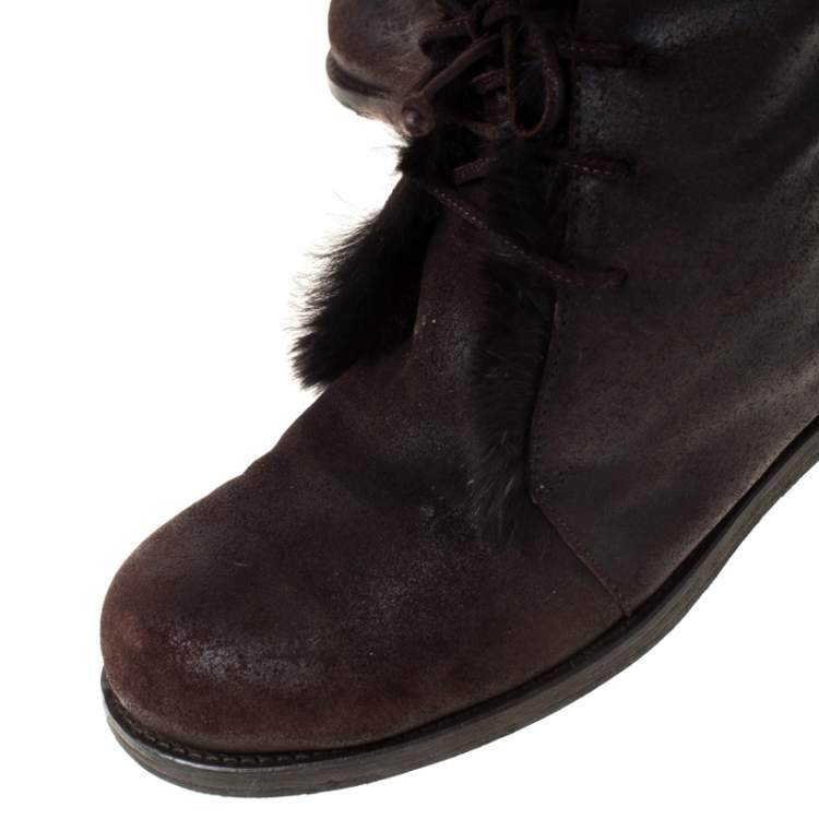 Pre Owned Jimmy Choo Dark Brown Leather and Fur Lace Ankle Boots Size 38.5