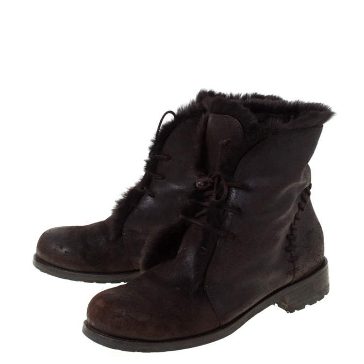 Pre Owned Jimmy Choo Dark Brown Leather and Fur Lace Ankle Boots Size 38.5