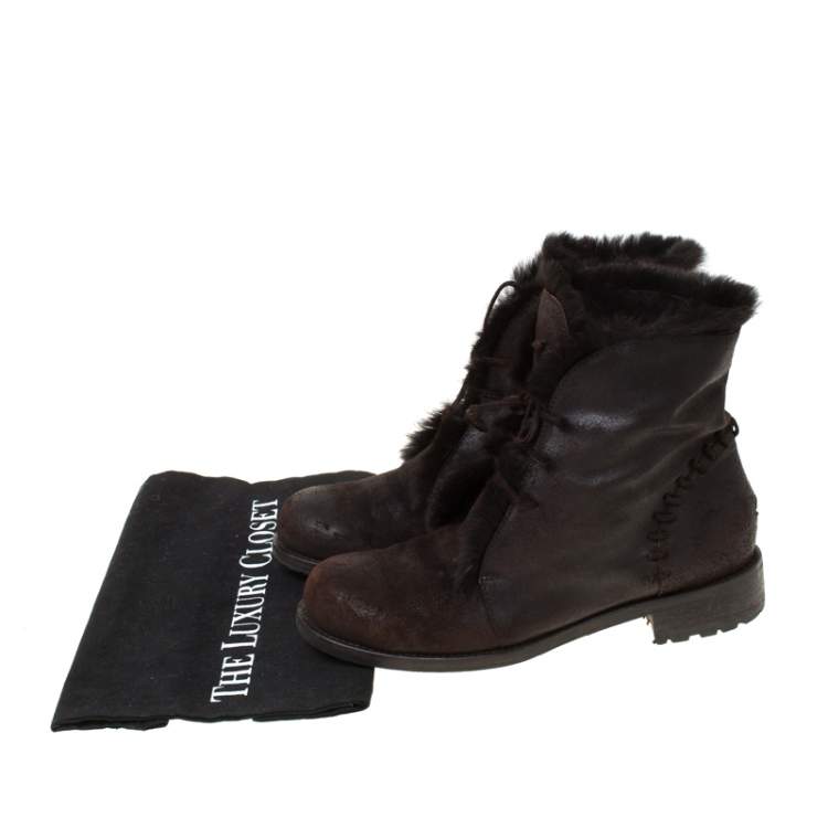 Pre Owned Jimmy Choo Dark Brown Leather and Fur Lace Ankle Boots Size 38.5