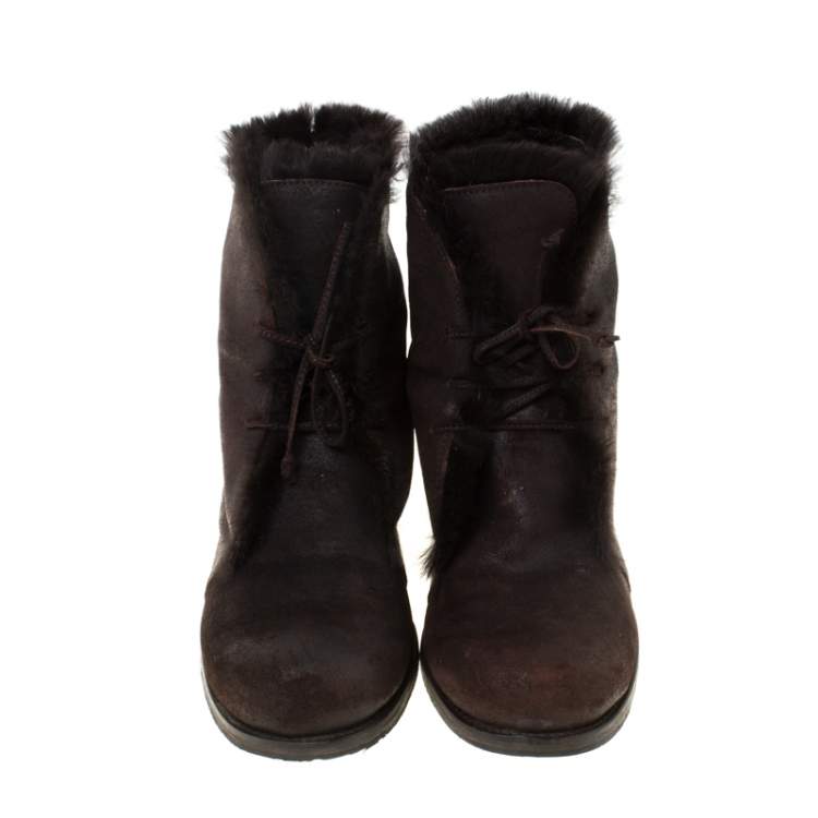 Pre Owned Jimmy Choo Dark Brown Leather and Fur Lace Ankle Boots Size 38.5