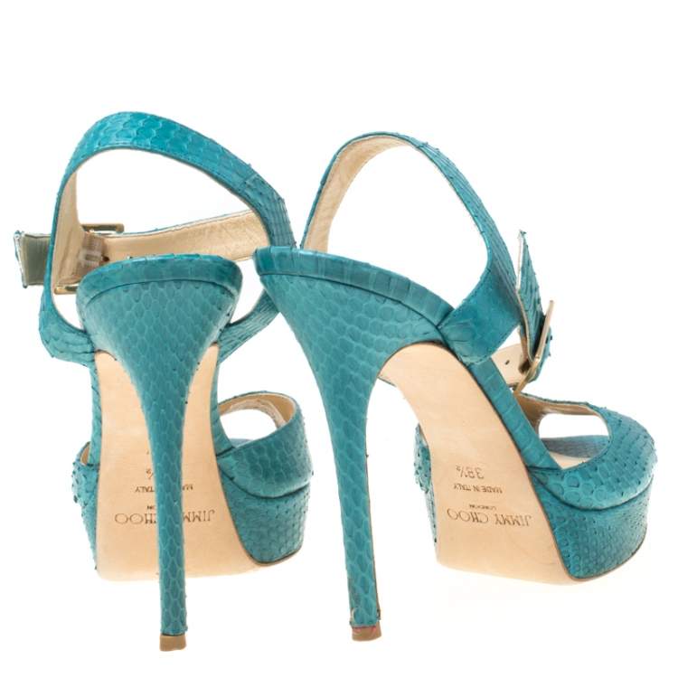 Pre Owned Jimmy Choo Blue Python Peep Toe Platform Sandals Size 38.5 