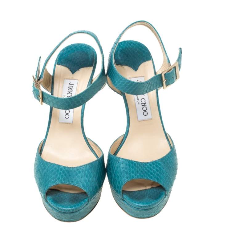 Pre Owned Jimmy Choo Blue Python Peep Toe Platform Sandals Size 38.5 