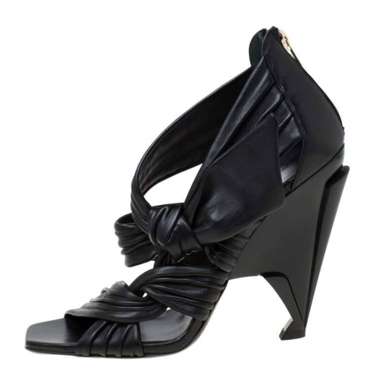 Pre Owned Jimmy Choo Black Pleated Leather Kyle Knotted Sandals Size 39