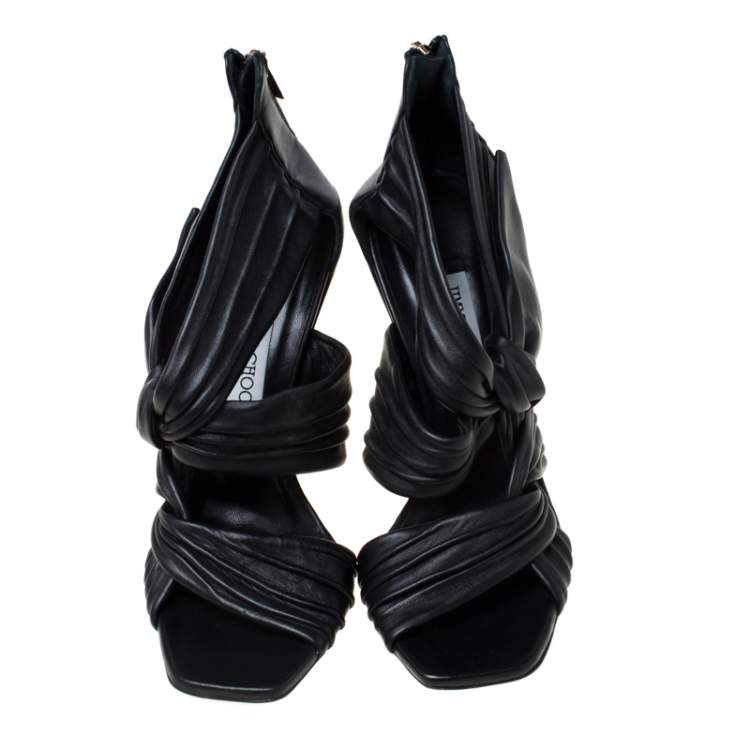 Pre Owned Jimmy Choo Black Pleated Leather Kyle Knotted Sandals Size 39