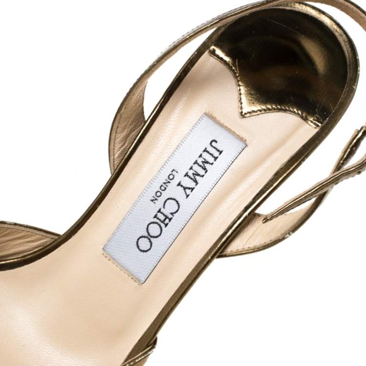 Pre Owned Jimmy Choo Gold Patent Leather Peep toe Slingback Sandals Size 38