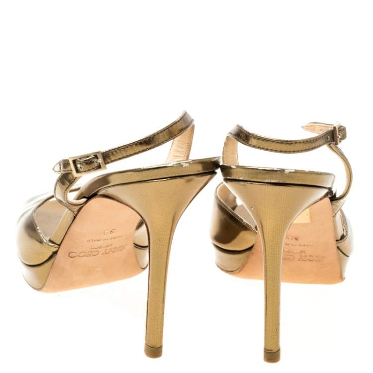 Pre Owned Jimmy Choo Gold Patent Leather Peep toe Slingback Sandals Size 38
