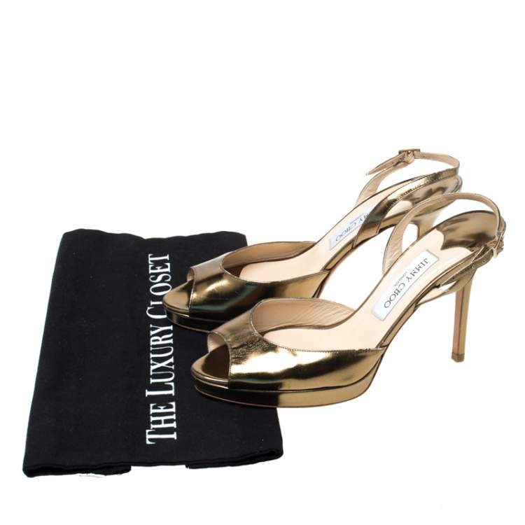 Pre Owned Jimmy Choo Gold Patent Leather Peep toe Slingback Sandals Size 38