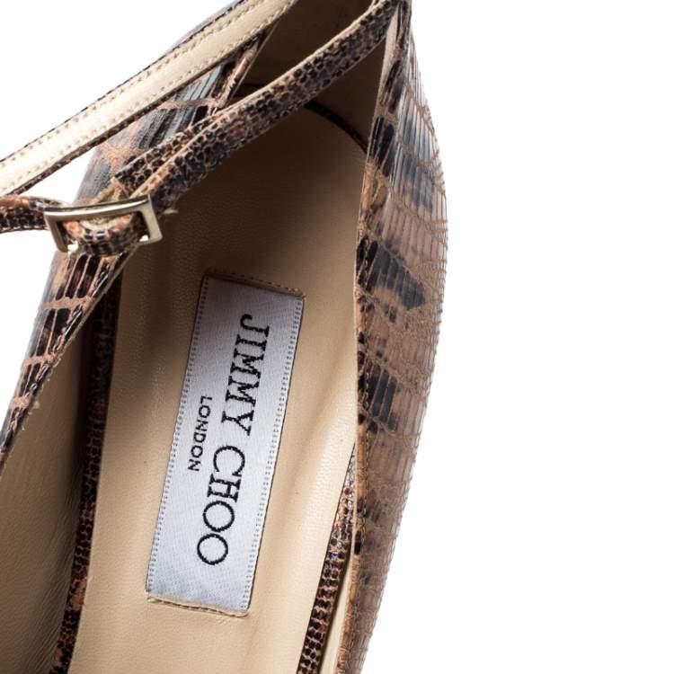 Pre Owned Jimmy Choo Beige/Brown Lizard Peep Toe Ankle Strap Pumps Size 39.5