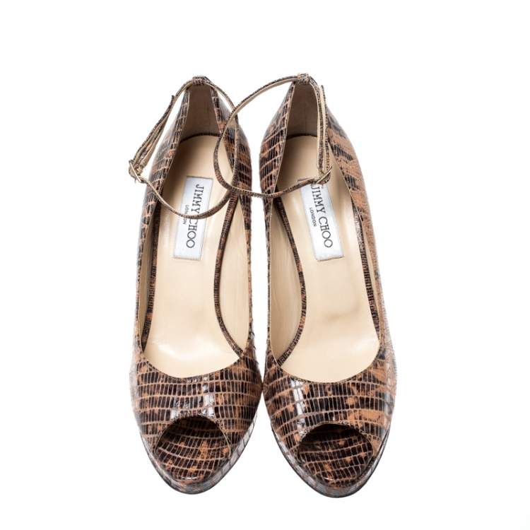 Pre Owned Jimmy Choo Beige/Brown Lizard Peep Toe Ankle Strap Pumps Size 39.5