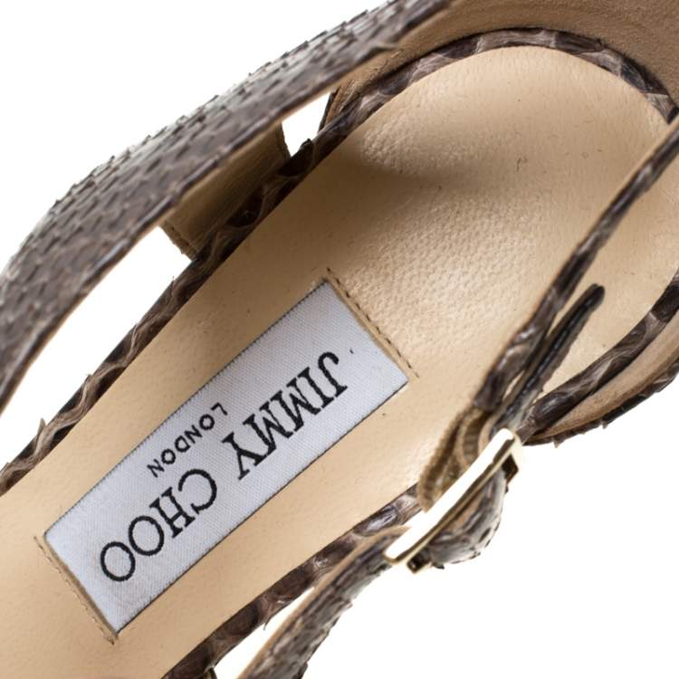 Pre Owned Jimmy Choo Brown Python Leather Cross Strap Pointed Toe Sandals Size 37.5