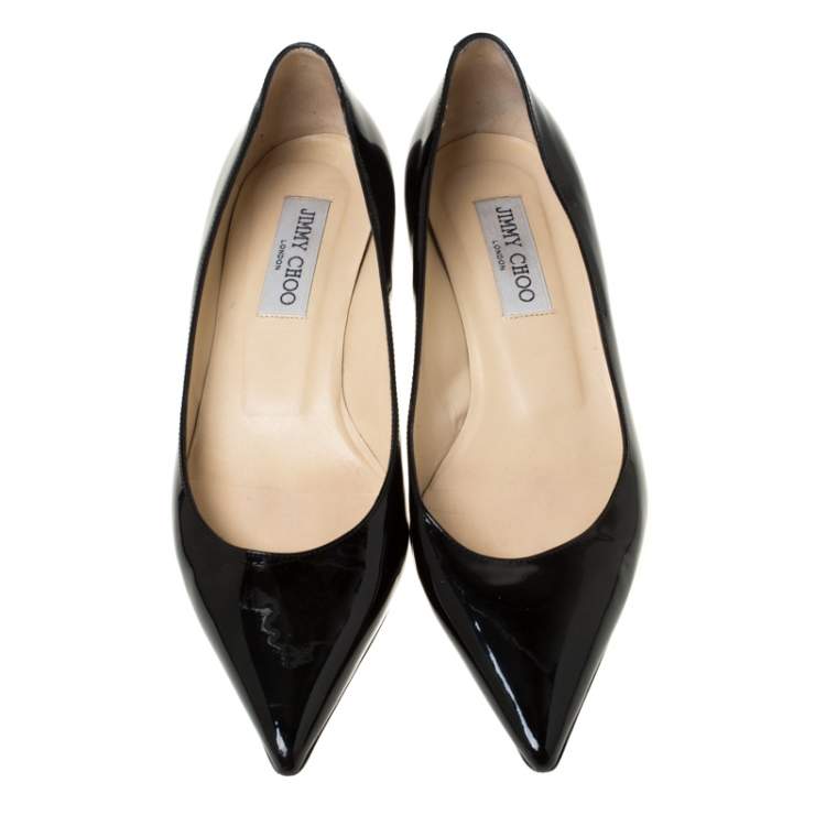 Pre Owned Jimmy Choo Black Patent Leather Aza Kitten Heel Pumps Size 38