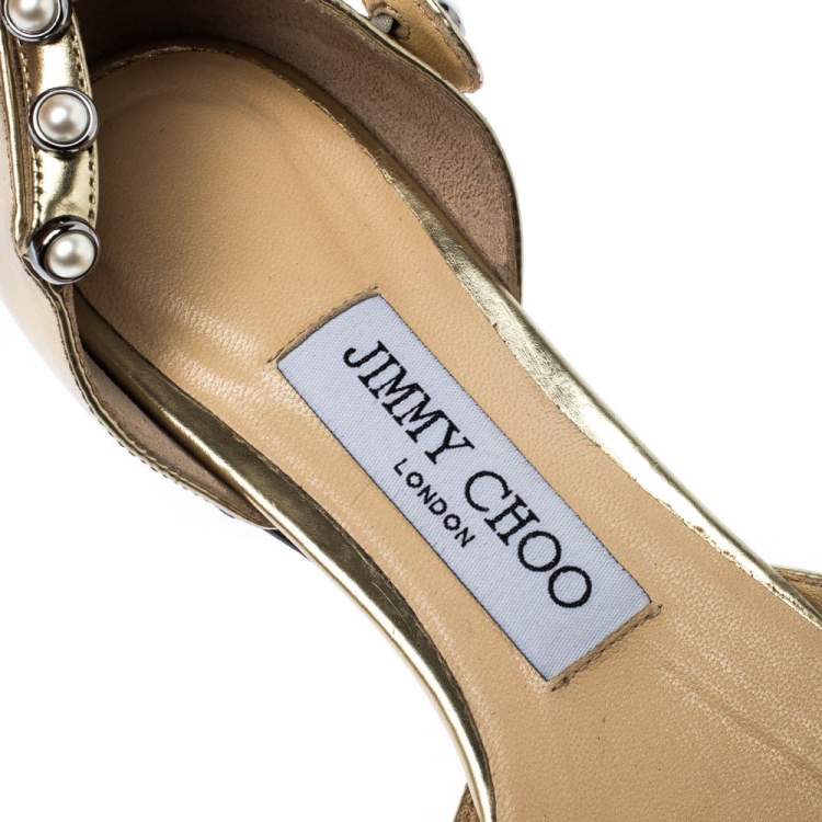 Pre Owned Jimmy Choo Gold Pearl Embellished Patent Leather Leema Pointed Toe Flats Size 35
